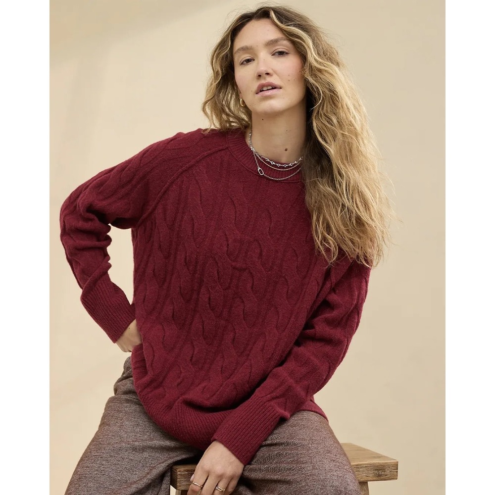 Aerie‎ unREAL Cable Crew Sweater In Burgundy Size Small Oversized Cozy Fisherman